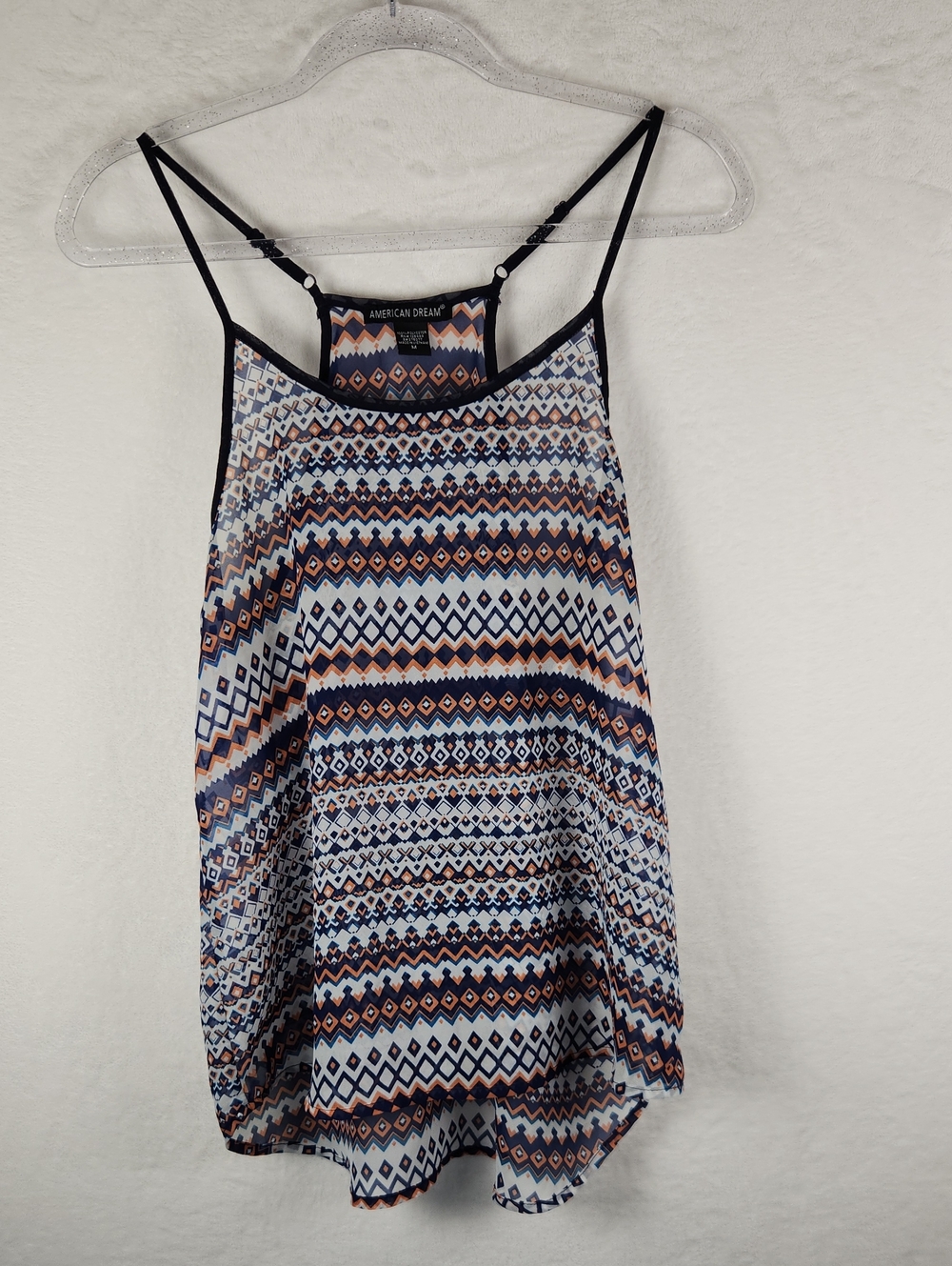 American Dream White, Navy & Orange Geometric Print Spaghetti Strap Top‎ Medium